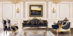 Casa Padrino Luxus Barock Wohnzimmer Set Royalblau / Schwarz / Silber / Gold - 2 Barock Sofas mit Muster & 2 Barock Sessel mit Muster & 1 Barock Couchtisch - Barock Wohnzimmer Möbel