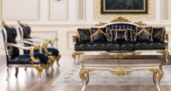 Casa Padrino Luxus Barock Wohnzimmer Set Royalblau / Schwarz / Silber / Gold - 2 Barock Sofas mit Muster & 2 Barock Sessel mit Muster & 1 Barock Couchtisch - Barock Wohnzimmer Möbel