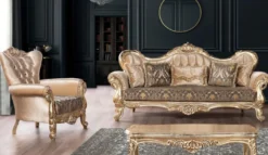 Casa Padrino Luxus Barock Wohnzimmer Set Beige / Schwarz / Gold - 2 Barock Sofas mit Muster & 2 Barock Sessel mit Muster & 1 Barock Couchtisch - Barock Wohnzimmer Möbel
