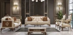 Casa Padrino Luxus Barock Wohnzimmer Set Beige / Grau / Braun / Gold - 2 Sofas & 2 Sessel & 1 Couchtisch - Handgefertigte Wohnzimmer Möbel im Barockstil - Edel & Prunkvoll