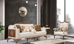 Casa Padrino Luxus Barock Wohnzimmer Set Beige / Grau / Braun / Gold - 2 Sofas & 2 Sessel & 1 Couchtisch - Handgefertigte Wohnzimmer Möbel im Barockstil - Edel & Prunkvoll