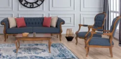 Casa Padrino Luxus Barock Wohnzimmer Set Blau / Braun - 2 Barock Sofas & 2 Barock Sessel & 1 Barock Couchtisch - Barock Wohnzimmer Möbel