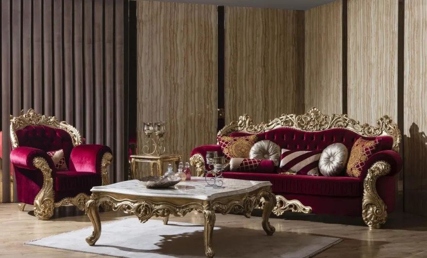 Casa Padrino Luxus Barock Wohnzimmer Set Boardeauxrot / Weiß / Gold - 2 Sofas & 2 Sessel & 1 Couchtisch - Wohnzimmer Möbel im Barockstil - Edel & Prunkvoll