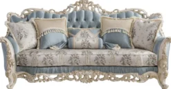 Casa Padrino Luxus Barock Wohnzimmer Sofa mit dekorativen Kissen Hellblau / Creme / Weiß / Gold 240 x 90 x H. 120 cm - Edle Barock Wohnzimmer Möbel