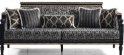 Casa Padrino Luxus Barock Wohnzimmer Set Grau / Schwarz / Gold - 2 Sofas & 2 Sessel & 1 Couchtisch mit Glasplatte in Marmoroptik - Wohnzimmer Möbel im Barockstil - Edel & Prunkvoll