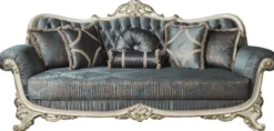 Casa Padrino Luxus Barock Wohnzimmer Sofa mit Glitzersteinen und dekorativen Kissen Blau / Creme / Gold 240 x 95 x H. 105 cm - Edle Couch im Barockstil