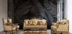 Casa Padrino Luxus Barock Wohnzimmer Set Beige / Braun / Gold - 2 Barock Sofas mit Muster & 2 Barock Sessel mit Muster & 1 Barock Couchtisch - Barock Wohnzimmer Möbel
