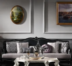 Casa Padrino Luxus Barock Wohnzimmer Sofa Silber / Schwarz 260 x 90 x H. 95 cm - Edel & Prunkvoll