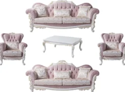 Casa Padrino Luxus Barock Wohnzimmer Set Rosa / Silber / Weiß / Gold - 2 Sofas & 2 Sessel & 1 Couchtisch - Edle Wohnzimmer Möbel im Barockstil