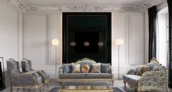 Casa Padrino Luxus Barock Wohnzimmer Set Blau / Silber / Gold - 2 Barock Sofas mit Muster & 2 Barock Sessel mit Muster & 1 Barock Couchtisch - Barock Wohnzimmer Möbel