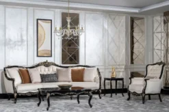 Casa Padrino Luxus Barock Wohnzimmer Set Creme / Schwarz / Gold - 2 Sofas & 2 Sessel & 1 Couchtisch & 2 Beistelltische - Handgefertigte Wohnzimmer Möbel im Barockstil - Edel & Prunkvoll