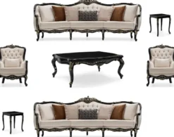 Casa Padrino Luxus Barock Wohnzimmer Set Creme / Schwarz / Gold - 2 Sofas & 2 Sessel & 1 Couchtisch & 2 Beistelltische - Handgefertigte Wohnzimmer Möbel im Barockstil - Edel & Prunkvoll