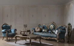 Casa Padrino Luxus Barock Wohnzimmer Set Blau / Gold - 2 Sofas & 2 Sessel & 1 Couchtisch - Prunkvolle Wohnzimmer Möbel im Barockstil