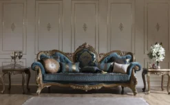 Casa Padrino Luxus Barock Wohnzimmer Set Blau / Gold - 2 Sofas & 2 Sessel & 1 Couchtisch - Prunkvolle Wohnzimmer Möbel im Barockstil
