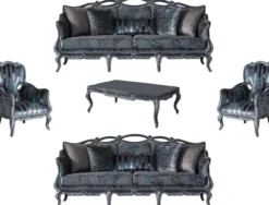 Casa Padrino Luxus Barock Wohnzimmer Set Grau / Blau / Grau - 2 Sofas & 2 Sessel & 1 Couchtisch - Prunkvolle Wohnzimmer Möbel im Barockstil