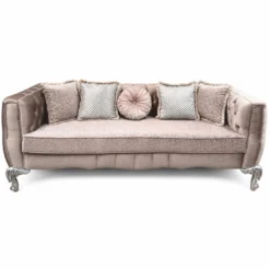 Casa Padrino Luxus Barock Wohnzimmer Sofa Rosa / Silber 235 cm - Prunkvolles Barockstil Sofa mit Kissen - Barock Wohnzimmer Möbel