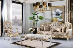 Casa Padrino Luxus Barock Wohnzimmer Set Silber / Beige / Schwarz / Weiß / Gold - 2 Barock Sofas & 2 Barock Sessel & 1 Barock Couchtisch - Luxus Wohnzimmer Möbel im Barockstil - Barock Möbel