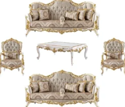 Casa Padrino Luxus Barock Wohnzimmer Set Silber / Beige / Schwarz / Weiß / Gold - 2 Barock Sofas & 2 Barock Sessel & 1 Barock Couchtisch - Luxus Wohnzimmer Möbel im Barockstil - Barock Möbel