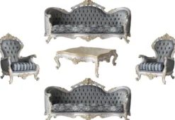 Casa Padrino Luxus Barock Wohnzimmer Set Grau / Blau / Silber / Gold - 2 Sofas & 2 Sessel & 1 Couchtisch - Prunkvolle Wohnzimmer Möbel im Barockstil