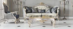 Casa Padrino Luxus Barock Wohnzimmer Sofa mit dekorativen Kissen Creme / Blau / Silber / Gold 250 x 95 x H. 125 cm - Edel & Prunkvoll