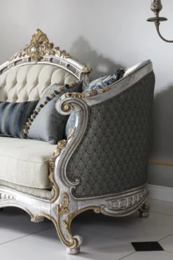 Casa Padrino Luxus Barock Wohnzimmer Sofa mit dekorativen Kissen Creme / Blau / Silber / Gold 250 x 95 x H. 125 cm - Edel & Prunkvoll