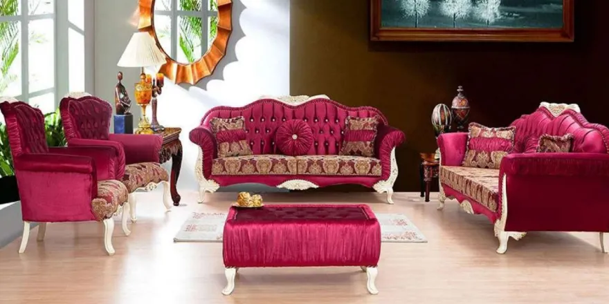 Casa Padrino Luxus Barock Wohnzimmer Set Bordeauxrot / Weiß / Gold - 2 Sofas mit Muster & 2 Sessel mit Muster & 1 Couchtisch - Prunkvolle Barock Wohnzimmer Möbel