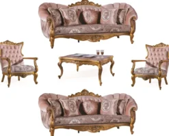 Casa Padrino Luxus Barock Wohnzimmer Set Rosa / Gold - 2 Sofas & 2 Sessel & 1 Couchtisch - Wohnzimmer Möbel - Edel & Prunkvoll