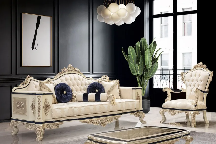Casa Padrino Luxus Barock Wohnzimmer Set Weiß / Creme / Schwarz / Antik Gold - 2 Barock Sofas & 2 Barock Sessel & 1 Barock Couchtisch - Luxus Wohnzimmer Möbel im Barockstil - Barock Möbel