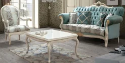 Casa Padrino Luxus Barock Wohnzimmer Set Türkis / Braun / Cremefarben / Gold - 2 Sofas mit Muster & 2 Sessel mit Muster & 1 Couchtisch - Wohnzimmer Möbel im Barockstil - Edel & Prunkvoll