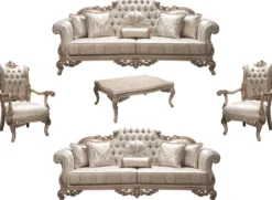 Casa Padrino Luxus Barock Wohnzimmer Set Silber / Creme / Beige - 2 Sofas & 2 Sessel & 1 Couchtisch - Prunkvolle Wohnzimmermöbel im Barockstil