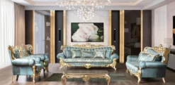 Casa Padrino Luxus Barock Wohnzimmer Set Türkis / Gold - 2 Barock Sofas mit Muster & 2 Barock Sessel mit Muster & 1 Barock Couchtisch - Barock Wohnzimmer Möbel