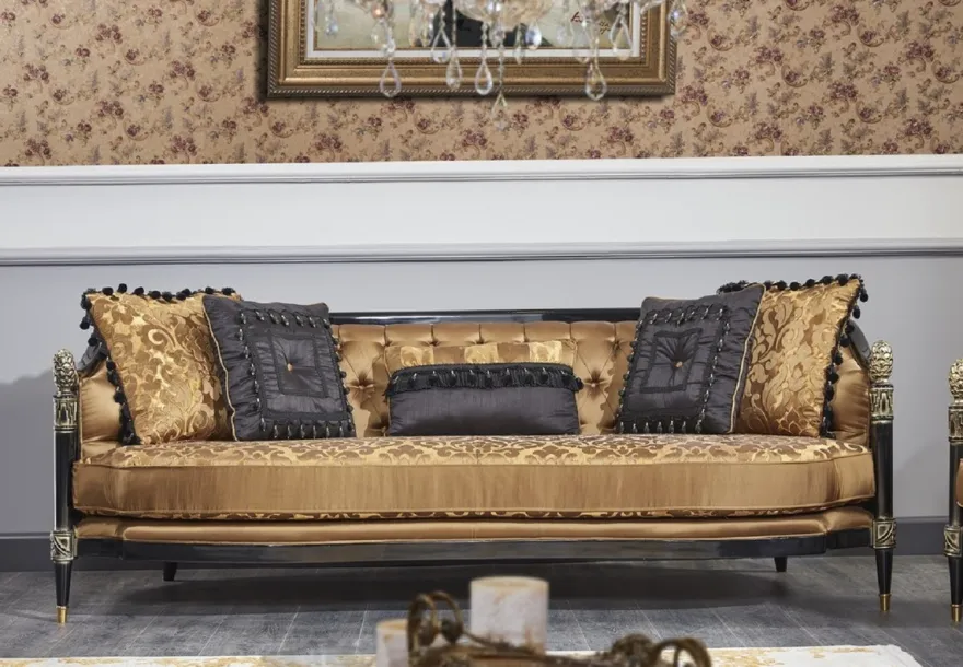 Casa Padrino Luxus Barock Wohnzimmer Set Gold / Schwarz - 2 Sofas & 2 Sessel & 1 Couchtisch & 2 Beistelltische - Prunkvolle Barock Möbel - Luxus Qualität