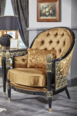 Casa Padrino Luxus Barock Wohnzimmer Set Gold / Schwarz - 2 Sofas & 2 Sessel & 1 Couchtisch & 2 Beistelltische - Prunkvolle Barock Möbel - Luxus Qualität