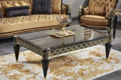 Casa Padrino Luxus Barock Wohnzimmer Set Gold / Schwarz - 2 Sofas & 2 Sessel & 1 Couchtisch & 2 Beistelltische - Prunkvolle Barock Möbel - Luxus Qualität