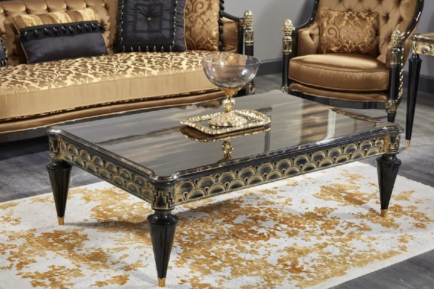 Casa Padrino Luxus Barock Wohnzimmer Set Gold / Schwarz - 2 Sofas & 2 Sessel & 1 Couchtisch & 2 Beistelltische - Prunkvolle Barock Möbel - Luxus Qualität