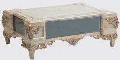 Casa Padrino Luxus Barock Wohnzimmertisch Creme / Kupfer / Blau / Gold 120 x 85 x H. 45 cm - Edler Massivholz Couchtisch im Barockstil - Barock Wohnzimmer Möbel