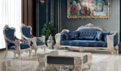 Casa Padrino Luxus Barock Wohnzimmertisch Creme / Kupfer / Blau / Gold 120 x 85 x H. 45 cm - Edler Massivholz Couchtisch im Barockstil - Barock Wohnzimmer Möbel