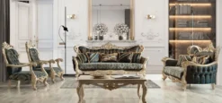 Casa Padrino Luxus Barock Wohnzimmer Sessel mit dekorativem Kissen Grau / Blau / Silber / Gold 82 x 75 x H. 122 cm - Edel & Prunkvoll