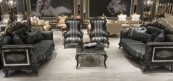 Casa Padrino Luxus Barock Wohnzimmer Set Grau / Schwarz / Silber - 2 Barock Sofas & 2 Barock Sessel & 1 Barock Couchtisch - Barock Wohnzimmer Möbel