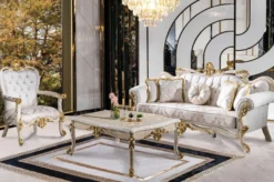 Casa Padrino Luxus Barock Wohnzimmer Set Weiß / Braun / Weiß / Beige / Gold - 2 Barock Sofas & 2 Barock Sessel & 1 Barock Couchtisch - Luxus Wohnzimmer Möbel im Barockstil - Barock Möbel