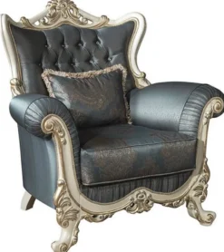 Casa Padrino Luxus Barock Wohnzimmer Sessel mit Glitzersteinen und dekorativem Kissen Blau / Creme / Gold 110 x 85 x H. 112 cm - Barockstil Möbel