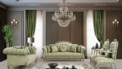 Casa Padrino Luxus Barock Wohnzimmer Set Grün / Gold / Grau / Gold - 2 Sofas & 2 Sessel - Wohnzimmer Möbel im Barockstil - Edel & Prunkvoll