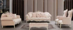 Casa Padrino Luxus Barock Wohnzimmer Set Rosa / Silber / Gold - 2 Sofas mit Kissen & 2 Sessel & 1 Couchtisch - Wohnzimmermöbel im Barockstil - Edle Barock Möbel