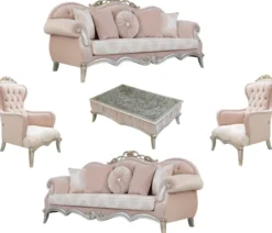 Casa Padrino Luxus Barock Wohnzimmer Set Rosa / Silber / Gold - 2 Sofas mit Kissen & 2 Sessel & 1 Couchtisch - Wohnzimmermöbel im Barockstil - Edle Barock Möbel