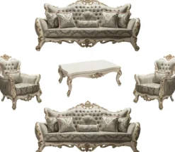 Casa Padrino Luxus Barock Wohnzimmer Set Grau / Weiß / Gold - 2 Sofas & 2 Sessel & 1 Couchtisch - Barockstil Möbel - Edel & Prunkvoll