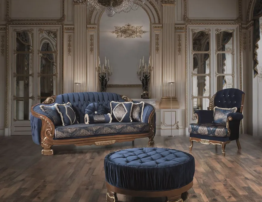 Casa Padrino Luxus Barock Wohnzimmer Sessel mit Glitzersteinen und dekorativem Kissen Blau / Braun 100 x 90 x H. 110 cm - Edel & Prunkvoll