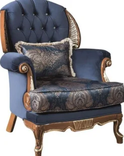 Casa Padrino Luxus Barock Wohnzimmer Sessel mit Glitzersteinen und dekorativem Kissen Blau / Braun 100 x 90 x H. 110 cm - Edel & Prunkvoll