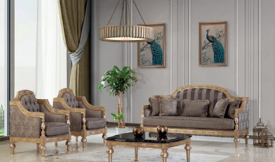 Casa Padrino Luxus Barock Wohnzimmer Set Grau / Silber / Gold - 2 Sofas & 2 Sessel & 1 Couchtisch - Handgefertigte Wohnzimmer Möbel im Barockstil - Edel & Prunkvoll
