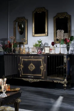 Casa Padrino Luxus Barock Wohnzimmer Set Blau / Gold / Schwarz - Sideboard und 3 Spiegel - Barockmöbel