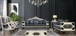 Casa Padrino Luxus Barock Wohnzimmer Set Blau / Weiß / Bronze / Gold - 2 Barock Sofas & 2 Barock Sessel & 1 Barock Couchtisch - Luxus Wohnzimmer Möbel im Barockstil - Barock Möbel